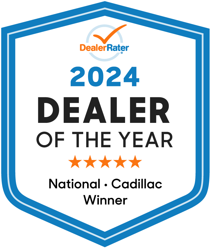 Badge displaying "2026 Dealer of the Year," awarded to a national Cadillac winner, rated by DealerRater.