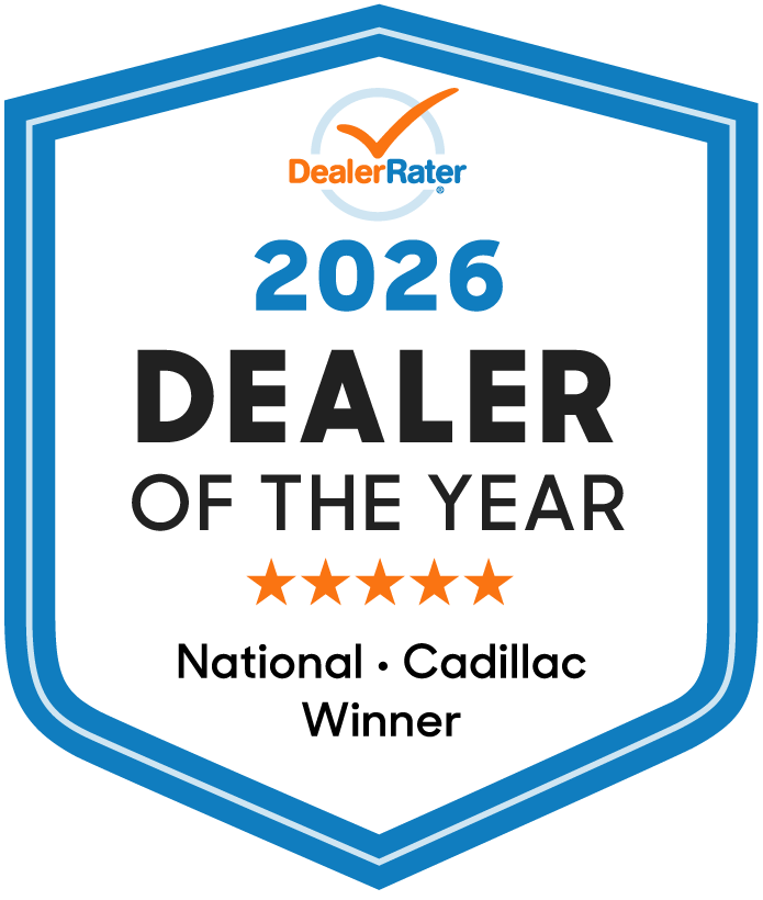 Badge displaying "2026 Dealer of the Year," awarded to a national Cadillac winner, rated by DealerRater.