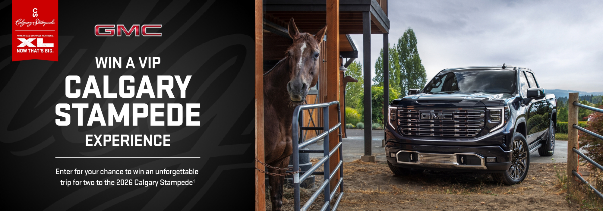 Win a VIP Calgary Stampede experience with GMC truck in a rural setting beside a horse.
