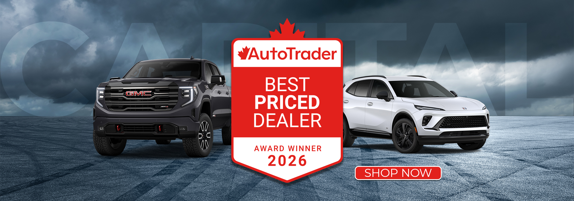 Two SUVs with an AutoTrader award badge labeled "Best Priced Dealer 2026" and a "Shop Now" button.