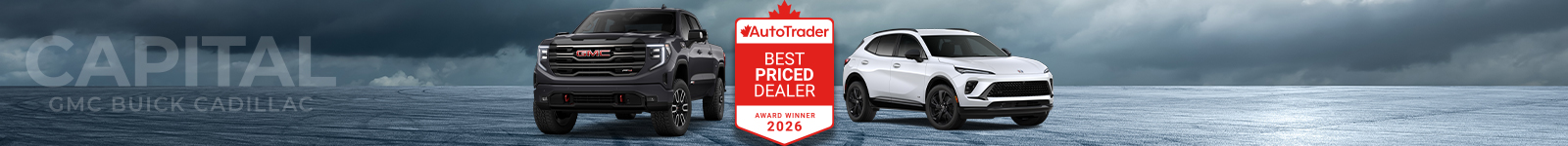 Black and white SUVs in a dealership promotion. AutoTrader Best Priced Dealer Award 2026 badge.