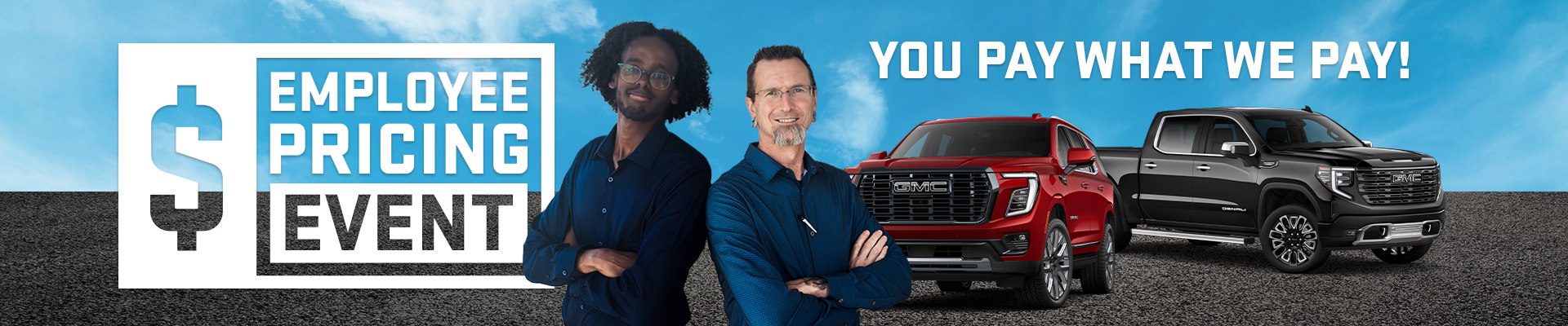 Two people standing in front of gray and red GMC trucks, promoting an "Employee Pricing Event."