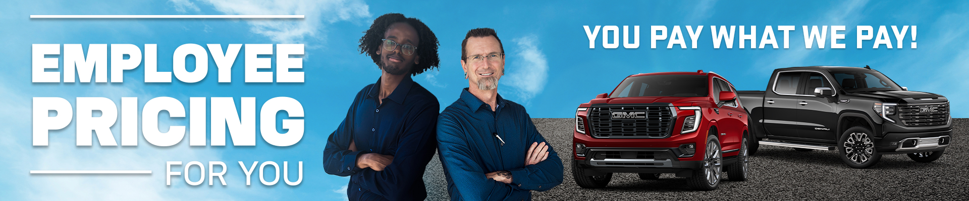 Two people standing in front of gray and red GMC trucks, promoting an "Employee Pricing Event."
