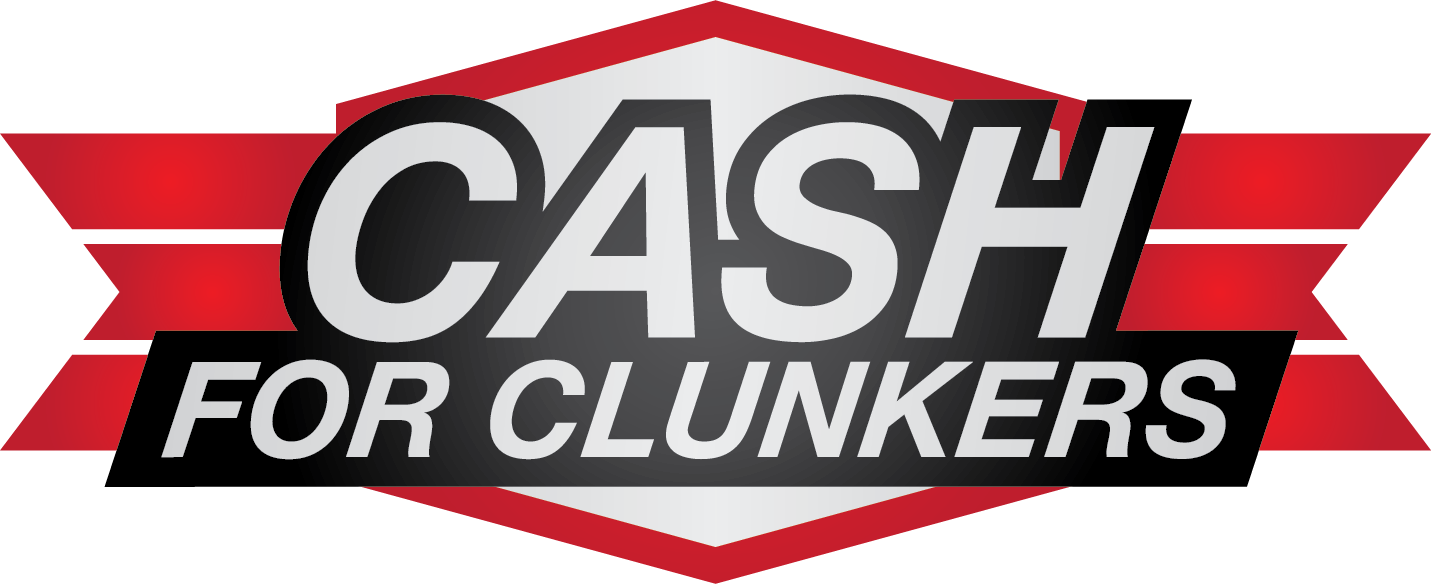 "Cash for Clunkers" logo with bold lettering on a red and gray geometric background.